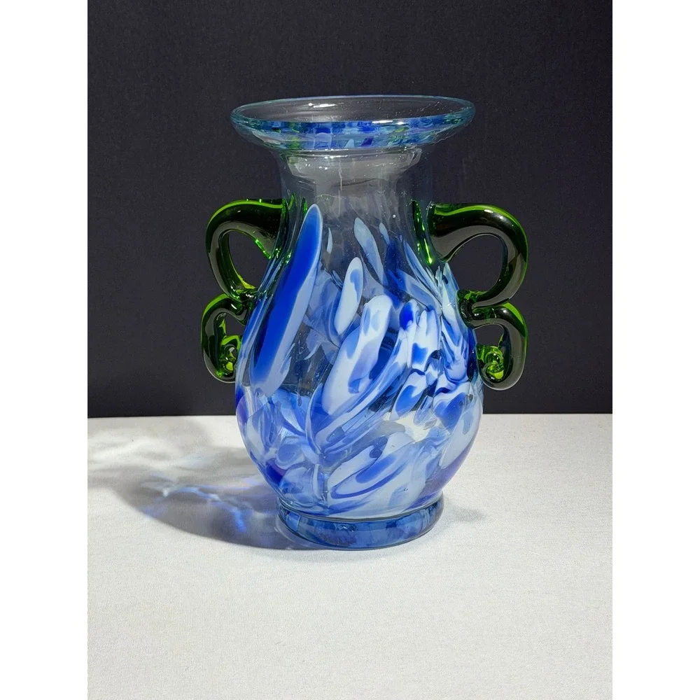 Pier 1 Imports Blue white Swirl Hand Blown Glass Vase with Green Handles